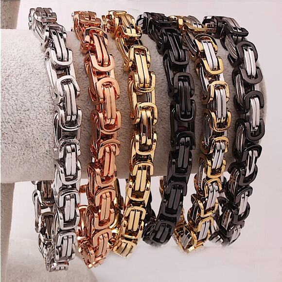 STAINLESS STEEL GOLD BYZANTINE MECHANIC SILVER BLACK BIKER BRACELET - Picture 3 of 8